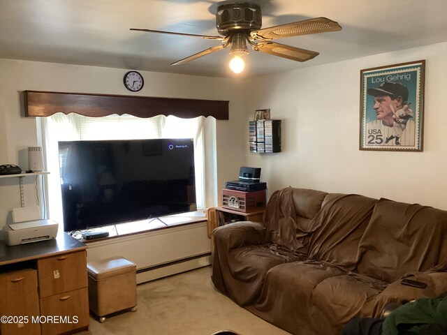 1300 2nd Ave, Asbury Park, NJ 07712 - living room with ceiling fan, light carpet, and a baseboard heating unit