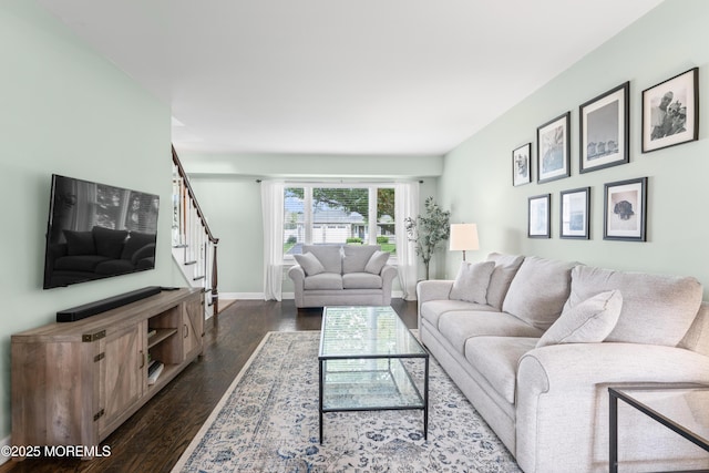 5 Blueberry Path, Howell, NJ 07731 - living area featuring stairs, dark wood finished floors, and baseboards
