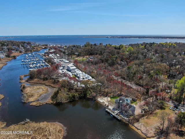 drone / aerial view featuring a water view