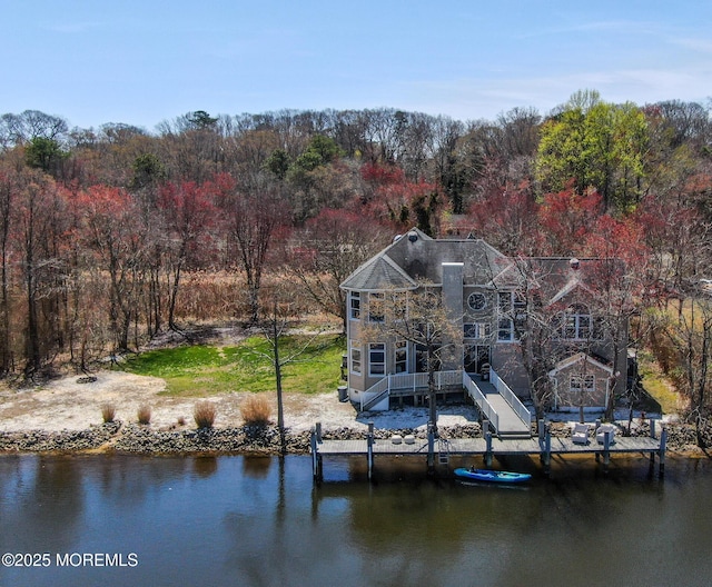 bird's eye view with a water view and a forest view