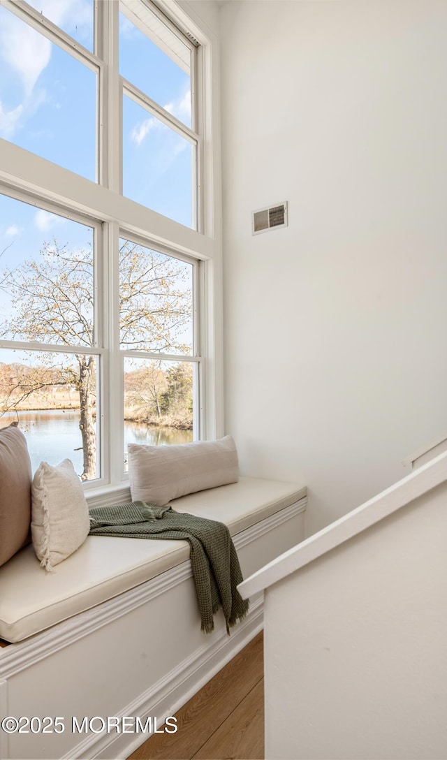 bedroom with visible vents, a water view, and multiple windows