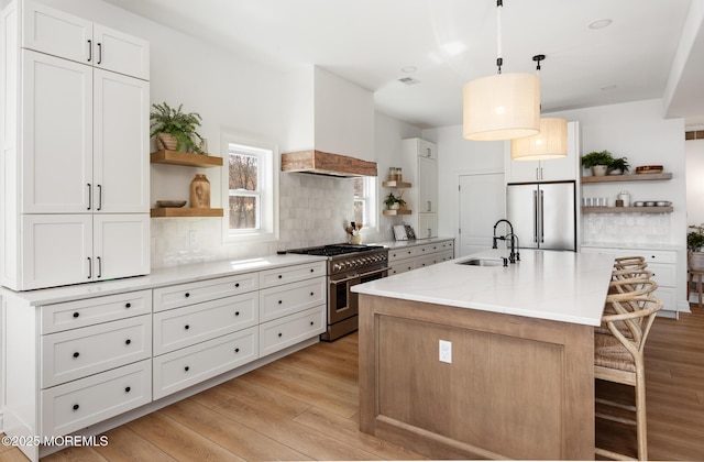 kitchen with light wood-style floors, open shelves, high end appliances, and a sink