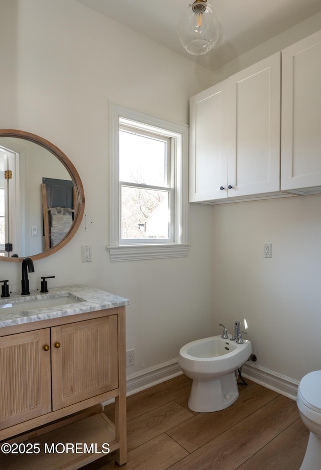 half bathroom featuring wood finished floors, vanity, toilet, and a bidet