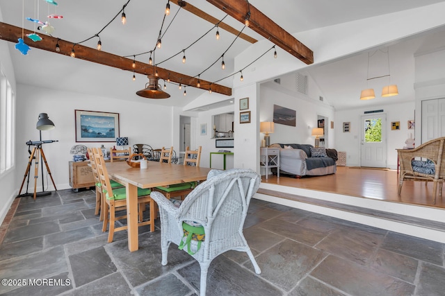 405 Sunset Dr S, Berkeley, NJ 08721 - dining area featuring beam ceiling, baseboards, visible vents, and stone tile flooring
