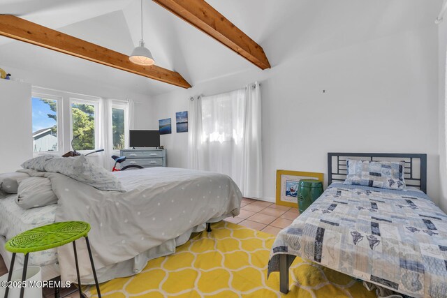 405 Sunset Dr S, Berkeley, NJ 08721 - tiled bedroom featuring lofted ceiling with beams