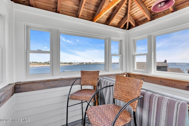405 Sunset Dr S, Berkeley, NJ 08721 - sunroom featuring wooden ceiling, a water view, plenty of natural light, and vaulted ceiling with beams