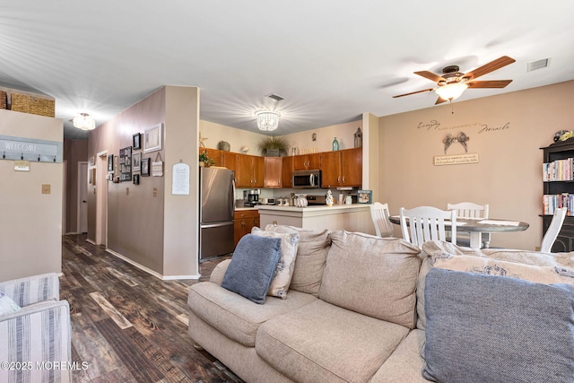 3281 Cypress Ct, Monmouth Junction, NJ 08852 - living room featuring dark wood-style flooring, ceiling fan, and baseboards