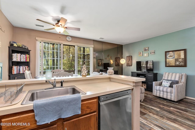 3281 Cypress Ct, Monmouth Junction, NJ 08852 - kitchen with dishwasher, ceiling fan, a sink, open floor plan, and light countertops