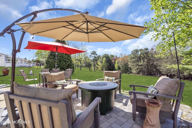 view of patio / terrace featuring an outdoor living space with a fire pit