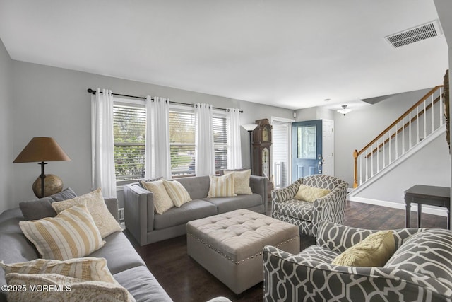 12 Red Maple Ct, South Toms River, NJ 08757 - living room featuring baseboards, visible vents, wood finished floors, and stairway