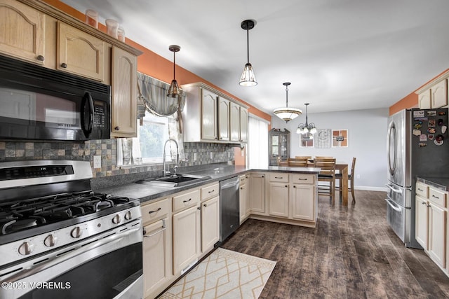 12 Red Maple Ct, South Toms River, NJ 08757 - kitchen with a sink, tasteful backsplash, a peninsula, dark countertops, and appliances with stainless steel finishes