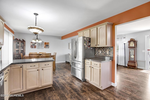 12 Red Maple Ct, South Toms River, NJ 08757 - kitchen featuring tasteful backsplash, stainless steel appliances, an inviting chandelier, dark wood-style flooring, and hanging light fixtures