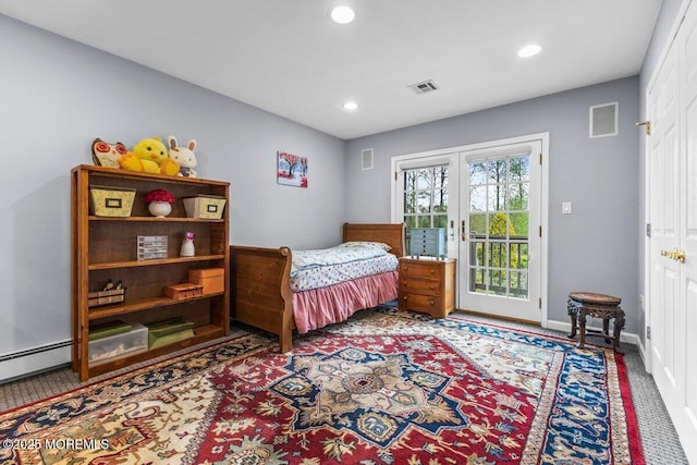 carpeted bedroom featuring french doors, visible vents, baseboards, access to outside, and recessed lighting