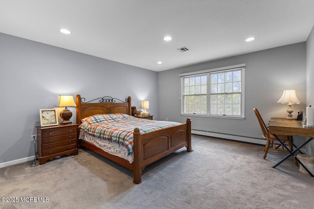 bedroom with visible vents, baseboard heating, carpet floors, baseboards, and recessed lighting