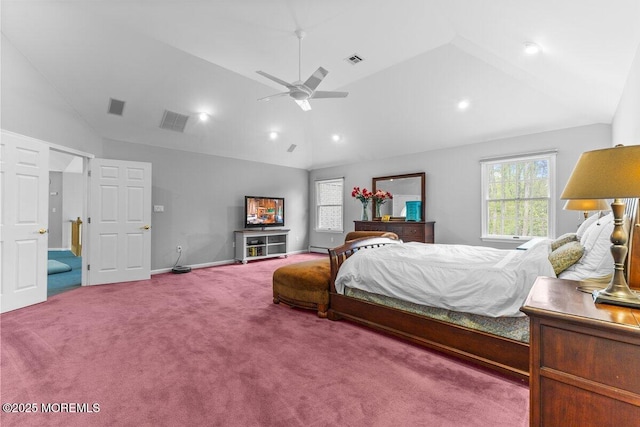 carpeted bedroom with visible vents, ceiling fan, and lofted ceiling