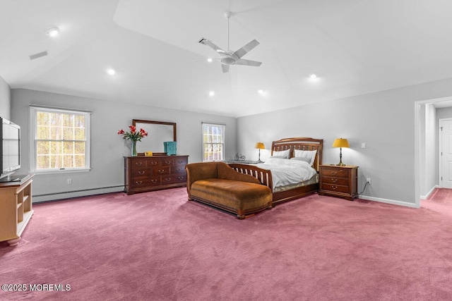 carpeted bedroom with baseboard heating, visible vents, recessed lighting, baseboards, and vaulted ceiling