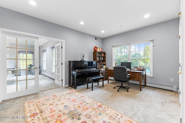 carpeted home office with french doors, visible vents, a baseboard radiator, a baseboard heating unit, and recessed lighting