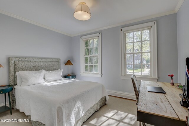 bedroom with baseboards, ornamental molding, and multiple windows