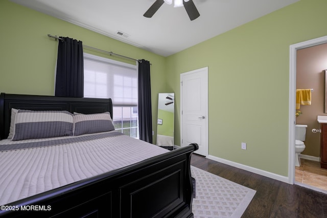 8 Ascot Ln, Manchester, NJ 08759 - bedroom featuring connected bathroom, ceiling fan, visible vents, dark wood-style floors, and baseboards