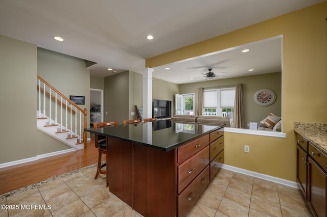 8 Ascot Ln, Manchester, NJ 08759 - kitchen featuring recessed lighting, ceiling fan, baseboards, ornate columns, and open floor plan