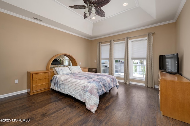 8 Ascot Ln, Manchester, NJ 08759 - bedroom featuring baseboards, dark wood-style floors, visible vents, crown molding, and a tray ceiling