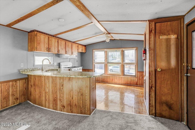 19 Mary Ann Ct, Hazlet, NJ 07734 - kitchen with white gas stove, wood walls, a sink, and vaulted ceiling
