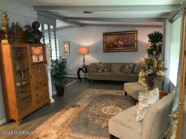 living area featuring beam ceiling and a baseboard heating unit