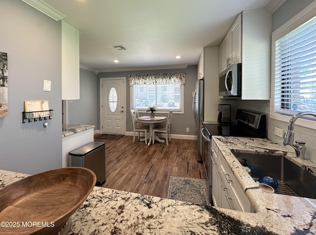 kitchen featuring a healthy amount of sunlight, visible vents, appliances with stainless steel finishes, a sink, and ornamental molding