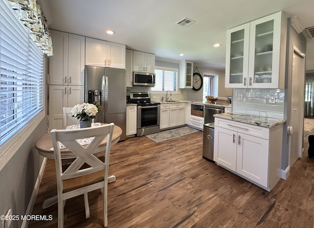 kitchen with visible vents, decorative backsplash, dark wood-type flooring, and stainless steel appliances