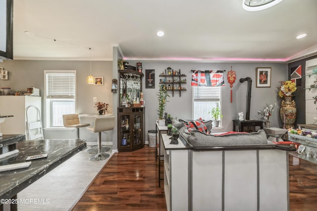 501 Ln F, Hazlet, NJ 07730 - kitchen featuring recessed lighting, a wood stove, dark wood finished floors, and a healthy amount of sunlight