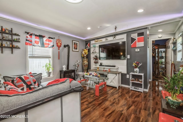 501 Ln F, Hazlet, NJ 07730 - living area featuring a wood stove, vaulted ceiling, baseboards, dark wood-style floors, and recessed lighting