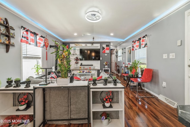 501 Ln F, Hazlet, NJ 07730 - kitchen with visible vents, open shelves, ornamental molding, lofted ceiling, and wood finished floors