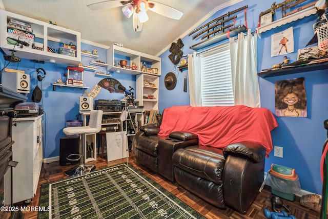 501 Ln F, Hazlet, NJ 07730 - living room with crown molding, ceiling fan, and lofted ceiling