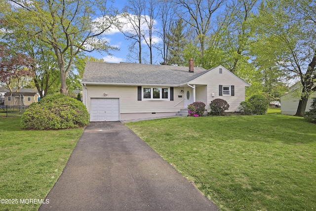 12 Mayfair Rd, Holmdel, NJ 07733 - ranch-style house with a front lawn, driveway, an attached garage, and a chimney