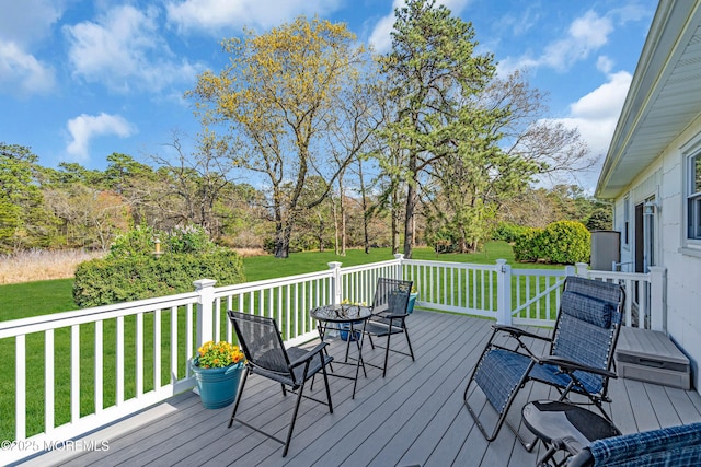 wooden deck featuring a lawn