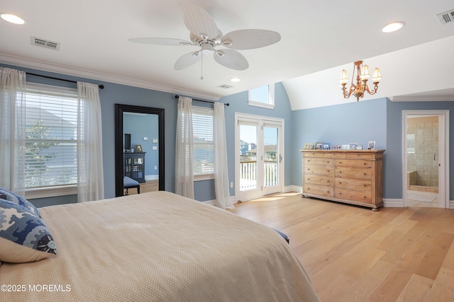 bedroom featuring access to outside, a chandelier, baseboards, light wood-type flooring, and visible vents