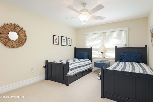 bedroom featuring carpet flooring, ceiling fan, and baseboards