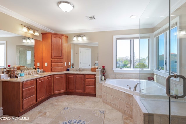 full bath featuring crown molding, visible vents, a healthy amount of sunlight, and a sink