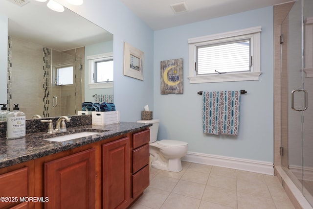 bathroom featuring visible vents, vanity, baseboards, tile patterned floors, and a shower stall