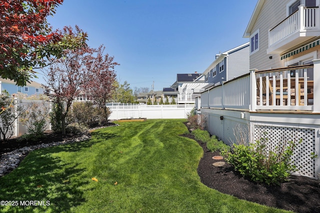 view of yard featuring a fenced backyard and a residential view