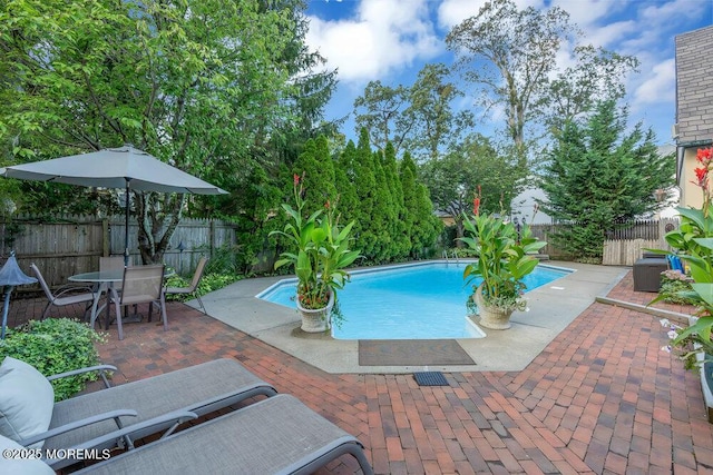 view of swimming pool with outdoor dining area, a fenced backyard, a fenced in pool, and a patio area