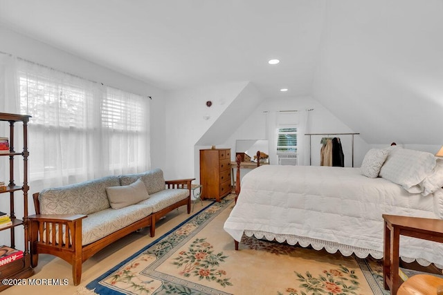 bedroom with recessed lighting and lofted ceiling