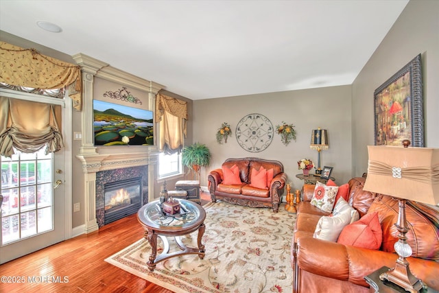 living room with baseboards, wood finished floors, and a high end fireplace