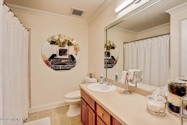bathroom featuring visible vents, baseboards, vanity, toilet, and ornamental molding