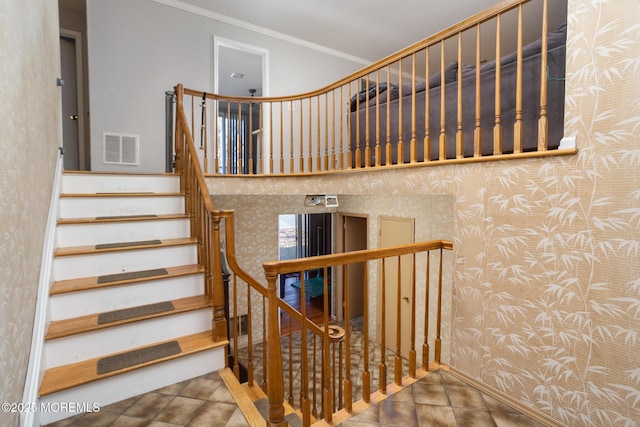 52 Yorke Ct, Freehold, NJ 07728 - stairs with visible vents, crown molding, tile patterned flooring, and wallpapered walls