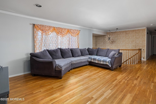 52 Yorke Ct, Freehold, NJ 07728 - living area with crown molding, baseboards, wallpapered walls, and light wood-type flooring