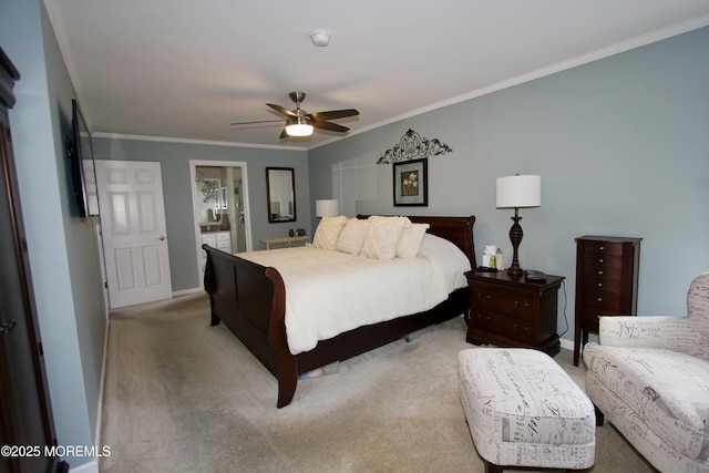 bedroom with baseboards, ornamental molding, a ceiling fan, and light colored carpet