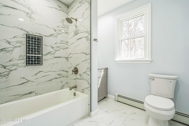 full bath featuring toilet, tub / shower combination, marble finish floor, and baseboard heating