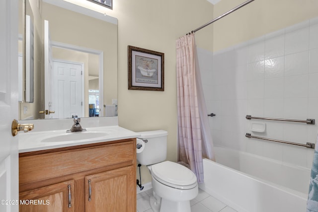bathroom featuring toilet, tile patterned floors, shower / bath combo with shower curtain, and vanity