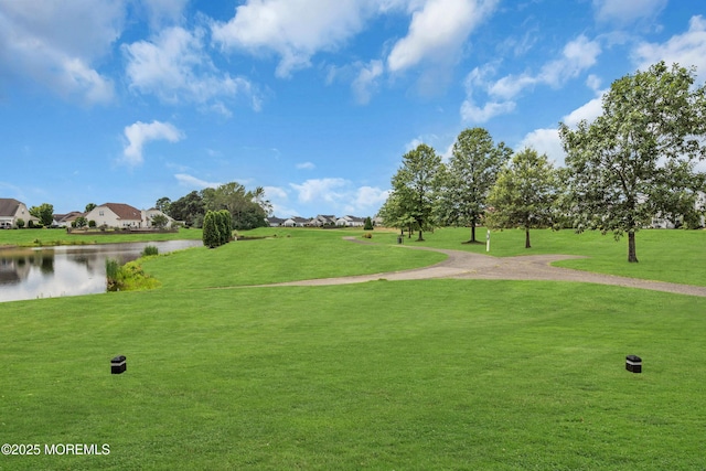 view of home's community with a lawn, a water view, and a residential view